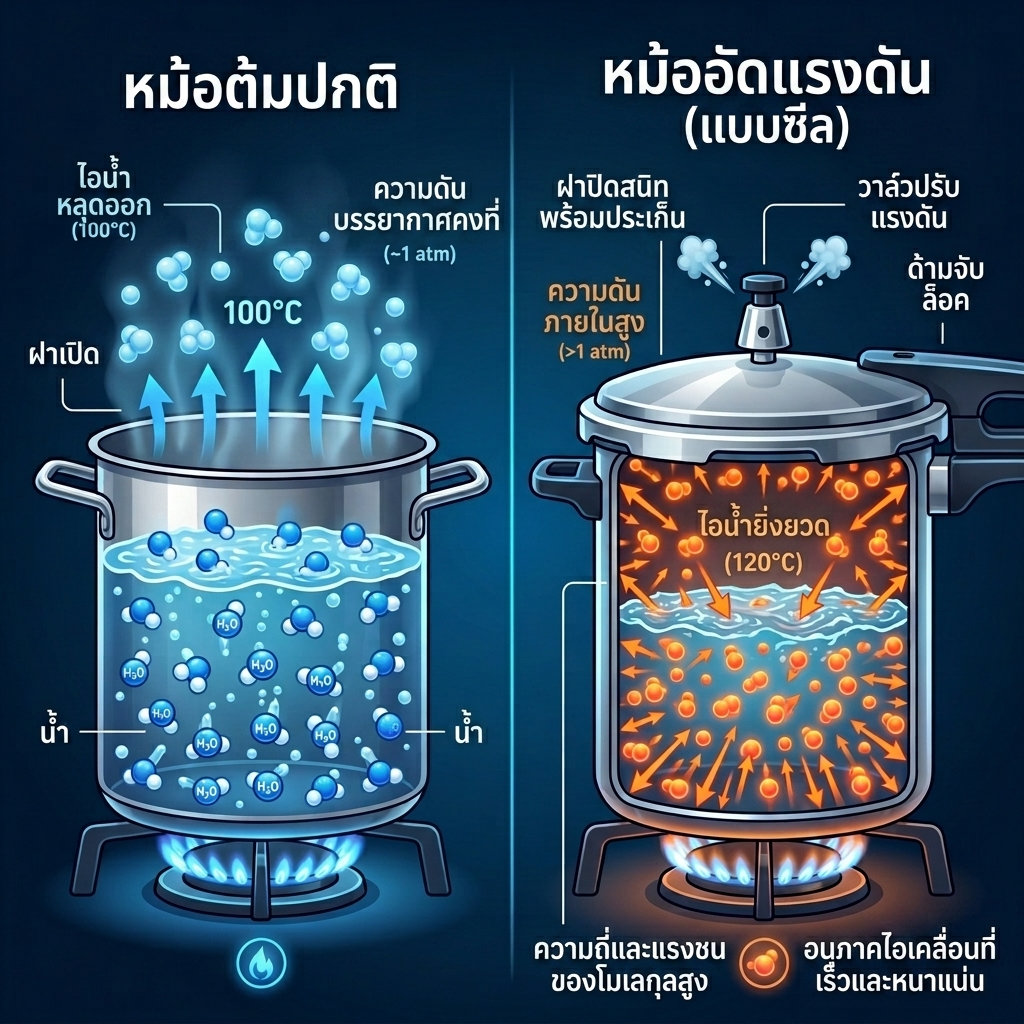 การเปรียบเทียบโมเลกุลในหม้อต้มปกติและหม้ออัดแรงดัน